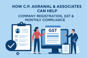 Flat-style digital illustration showing business professionals and accountants collaborating on company registration, GST filing, and monthly compliance tasks, symbolizing seamless startup support by C.P. Agrawal & Associates.