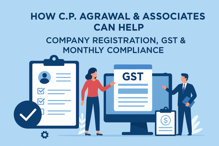 Flat-style digital illustration showing business professionals and accountants collaborating on company registration, GST filing, and monthly compliance tasks, symbolizing seamless startup support by C.P. Agrawal & Associates.